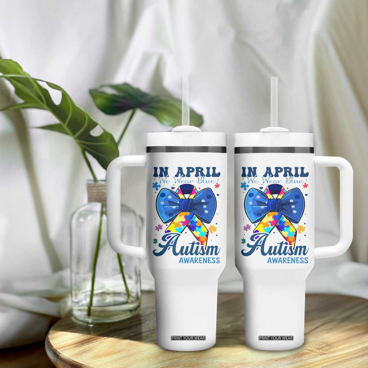 Autism Awareness Tumbler With Handle In April We Wear Blue Puzzle Ribbon Coquette Bow TS02 Print Your Wear