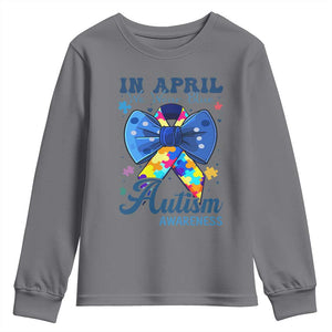 Autism Awareness Youth Sweatshirt In April We Wear Blue Puzzle Ribbon Coquette Bow TS02 Charcoal Print Your Wear