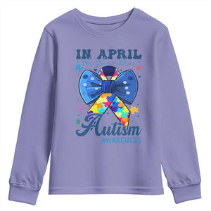 Autism Awareness Youth Sweatshirt In April We Wear Blue Puzzle Ribbon Coquette Bow TS02 Violet Print Your Wear