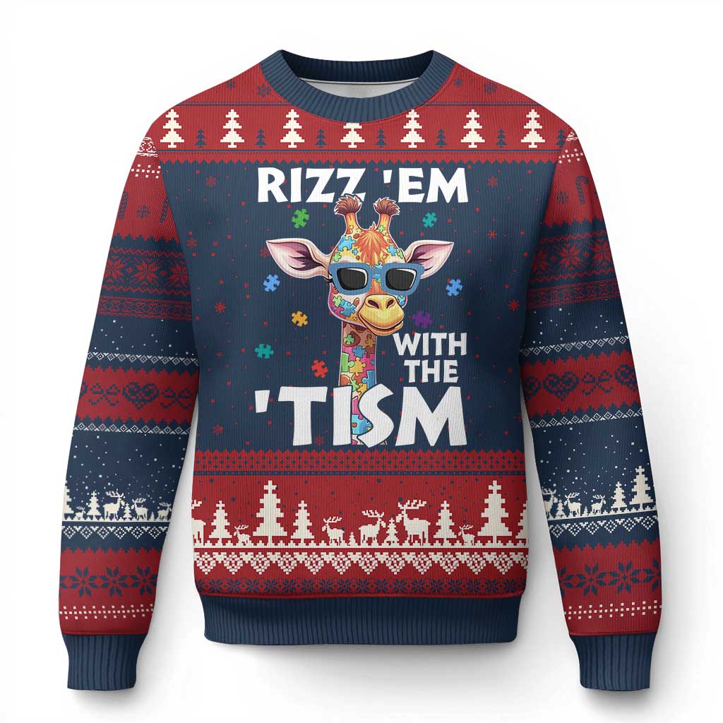 Funny Autism Giraffe Ugly Christmas Sweater Rizz Em With The Tism TS02 Navy Red Print Your Wear