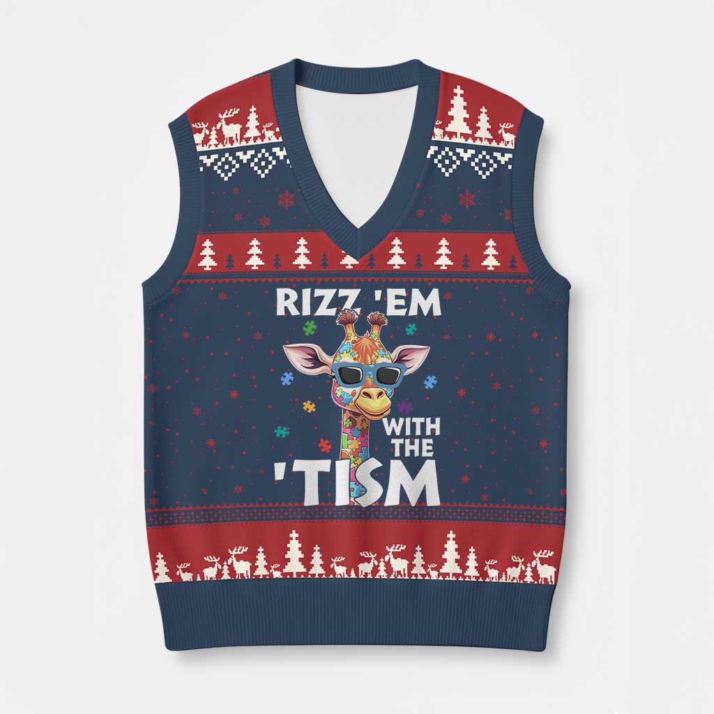 Funny Autism Giraffe V-Neck Knit Sweater Vest Rizz Em With The Tism TS02 Navy Red Print Your Wear