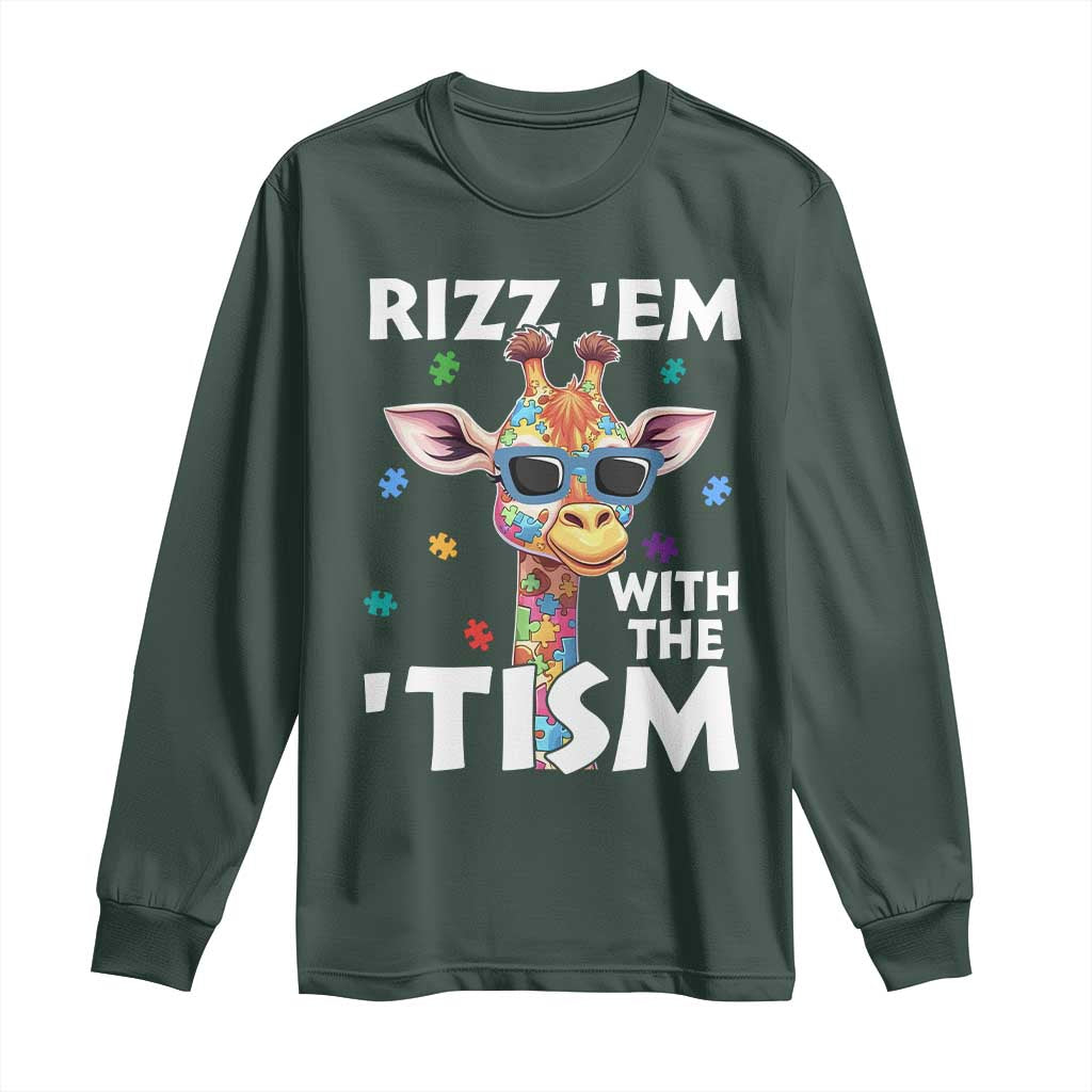Funny Autism Giraffe Long Sleeve Shirt Rizz Em With The Tism TS02 Dark Forest Green Print Your Wear