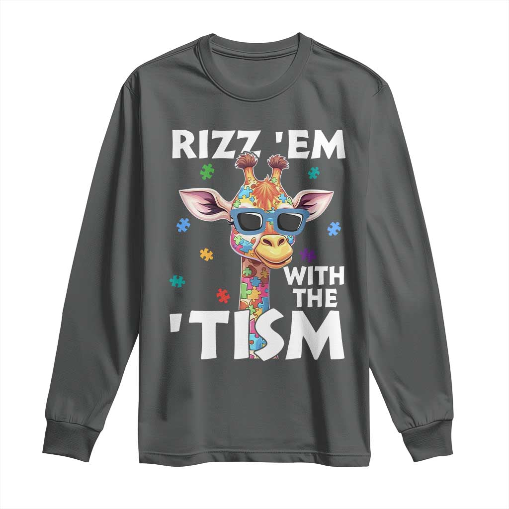 Funny Autism Giraffe Long Sleeve Shirt Rizz Em With The Tism TS02 Dark Heather Print Your Wear