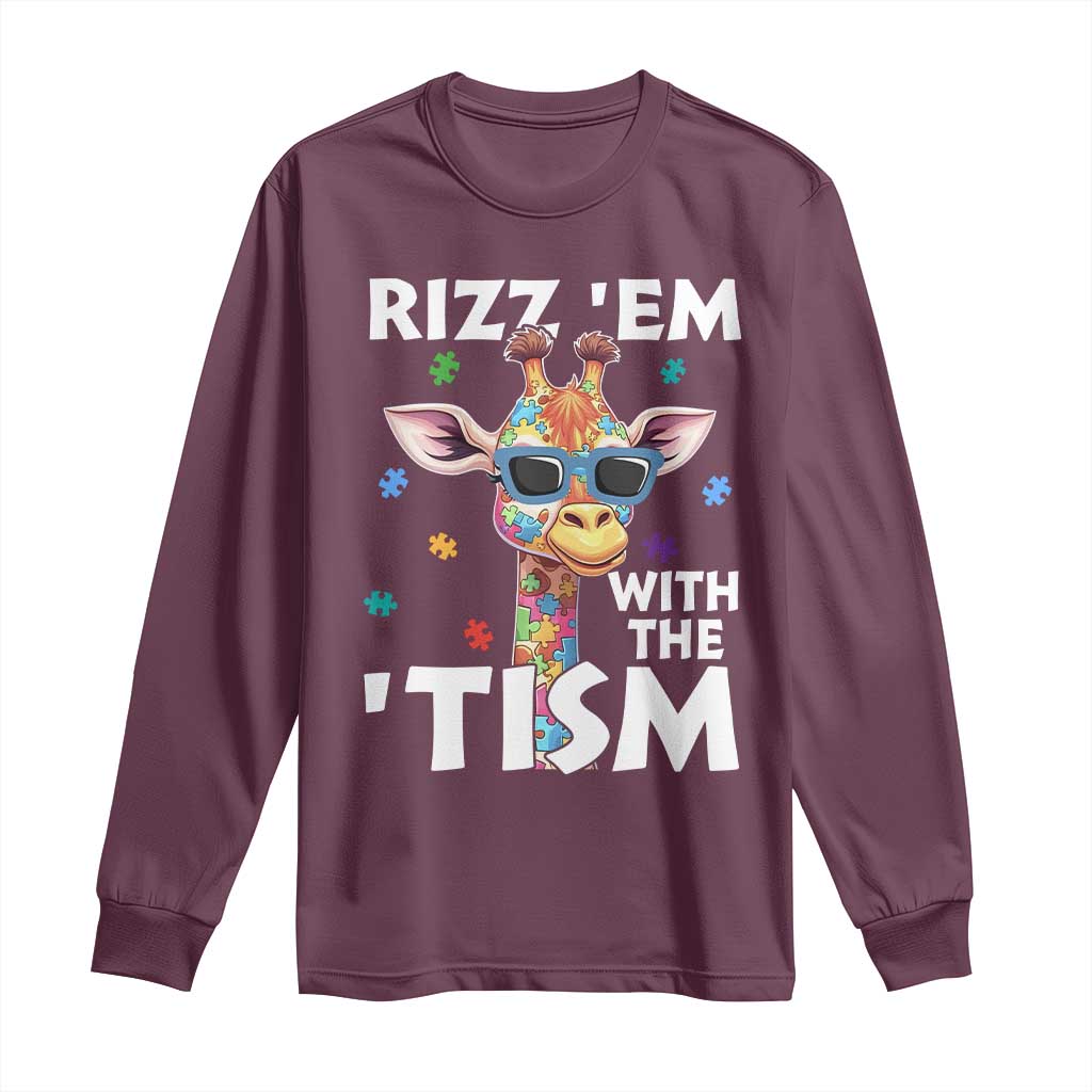 Funny Autism Giraffe Long Sleeve Shirt Rizz Em With The Tism TS02 Maroon Print Your Wear