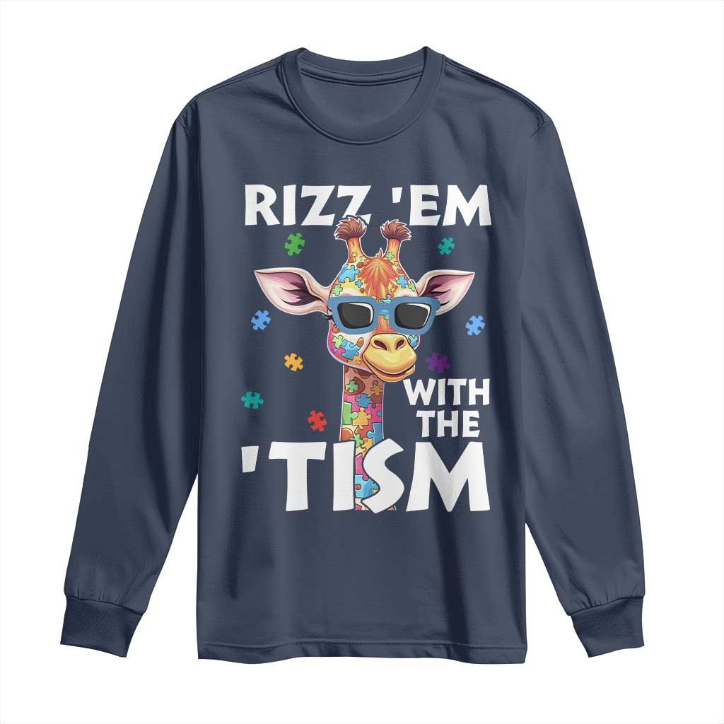 Funny Autism Giraffe Long Sleeve Shirt Rizz Em With The Tism TS02 Navy Print Your Wear