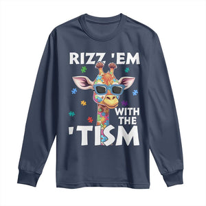 Funny Autism Giraffe Long Sleeve Shirt Rizz Em With The Tism TS02 Navy Print Your Wear