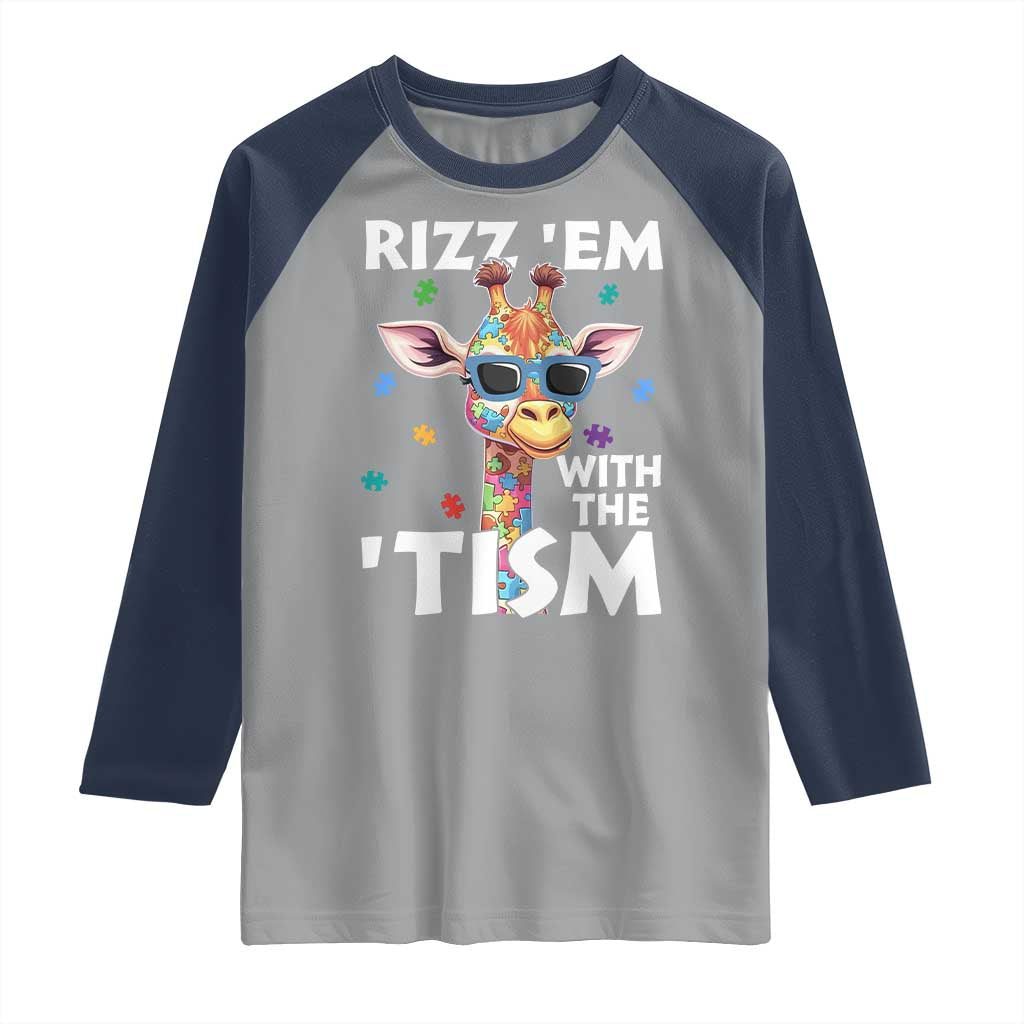 Funny Autism Giraffe Raglan Shirt Rizz Em With The Tism TS02 Sport Gray Navy Print Your Wear
