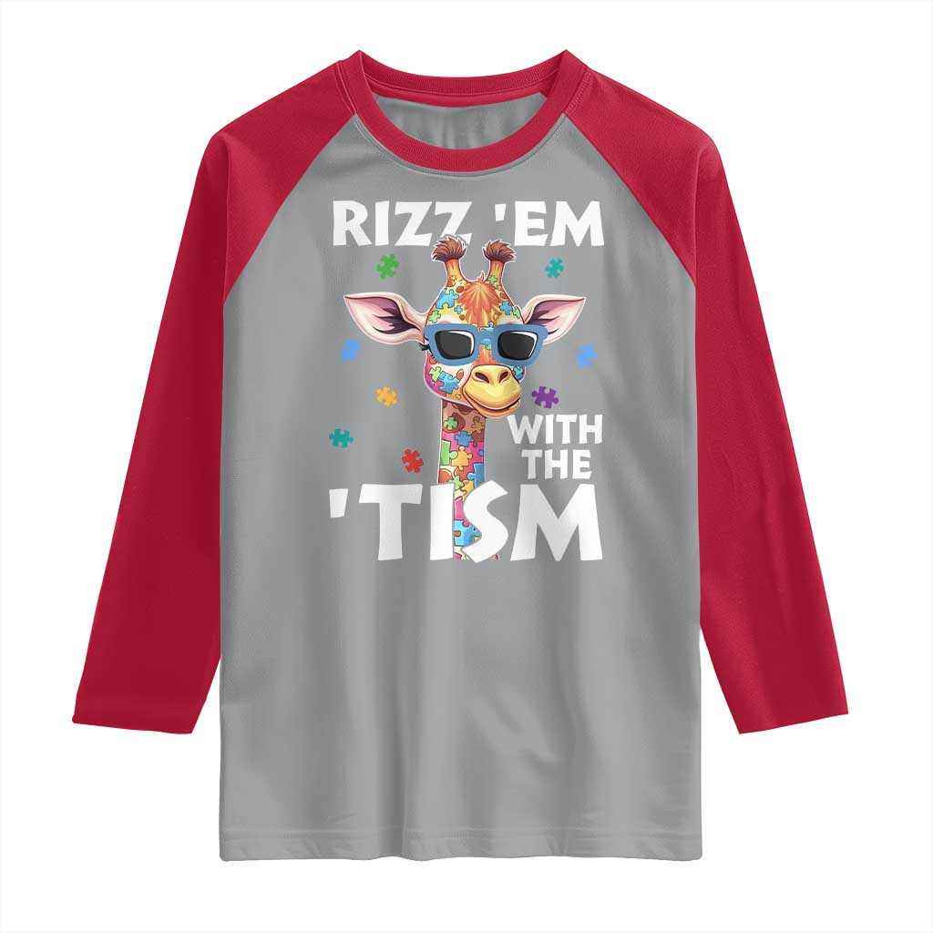 Funny Autism Giraffe Raglan Shirt Rizz Em With The Tism TS02 Sport Gray Red Print Your Wear