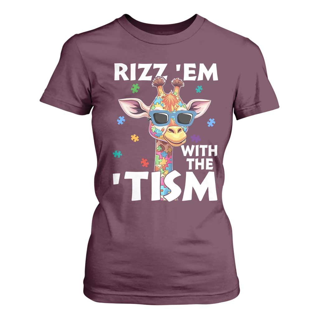 Funny Autism Giraffe T Shirt For Women Rizz Em With The Tism TS02 Maroon Print Your Wear