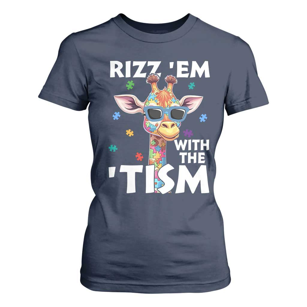 Funny Autism Giraffe T Shirt For Women Rizz Em With The Tism TS02 Navy Print Your Wear