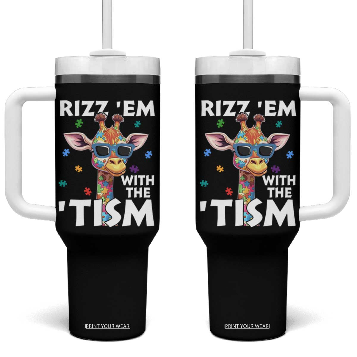 Funny Autism Giraffe Tumbler With Handle Rizz Em With The Tism TS02 One Size: 40 oz Black Print Your Wear