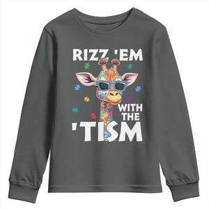 Funny Autism Giraffe Youth Sweatshirt Rizz Em With The Tism TS02 Dark Heather Print Your Wear