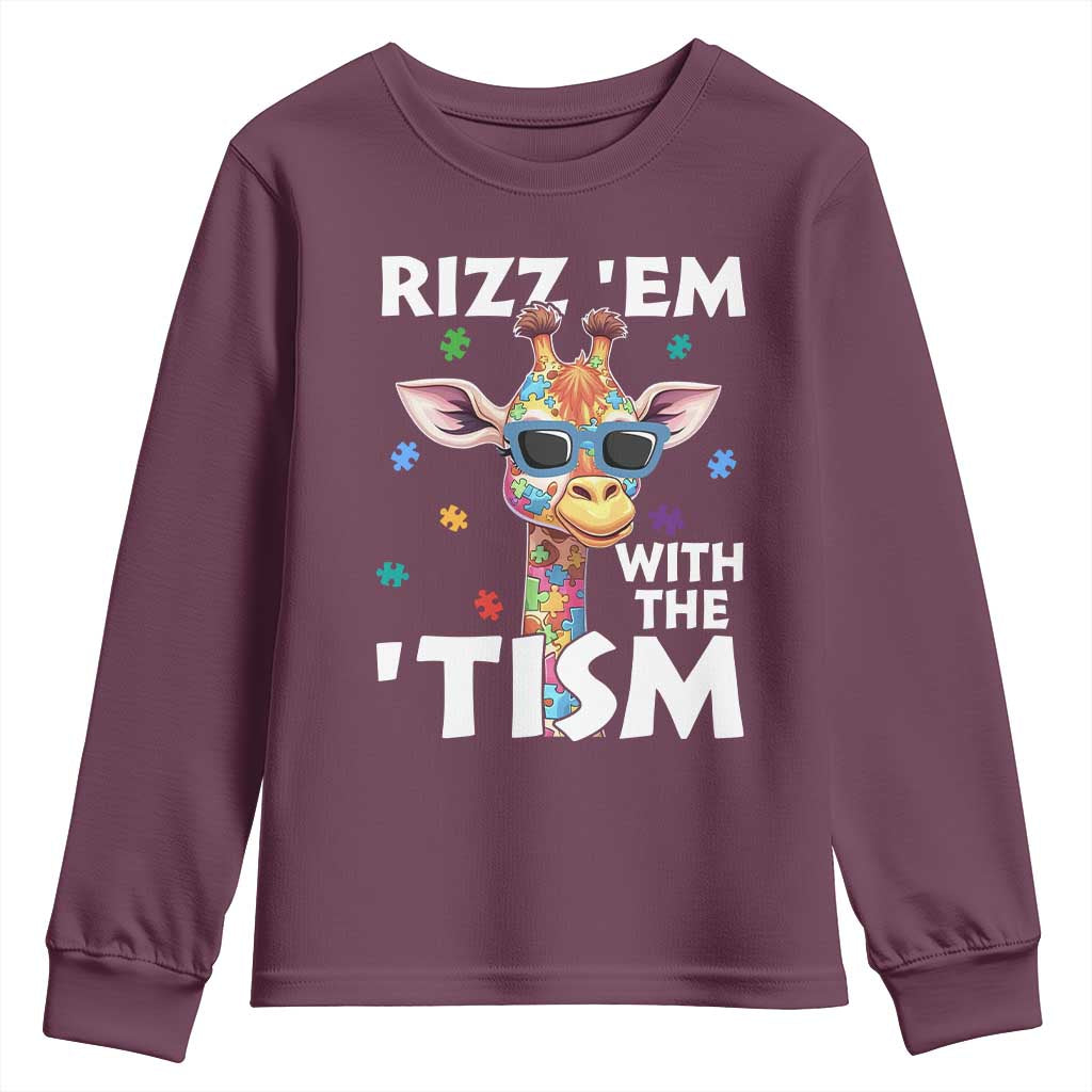 Funny Autism Giraffe Youth Sweatshirt Rizz Em With The Tism TS02 Maroon Print Your Wear