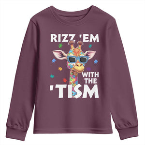 Funny Autism Giraffe Youth Sweatshirt Rizz Em With The Tism TS02 Maroon Print Your Wear