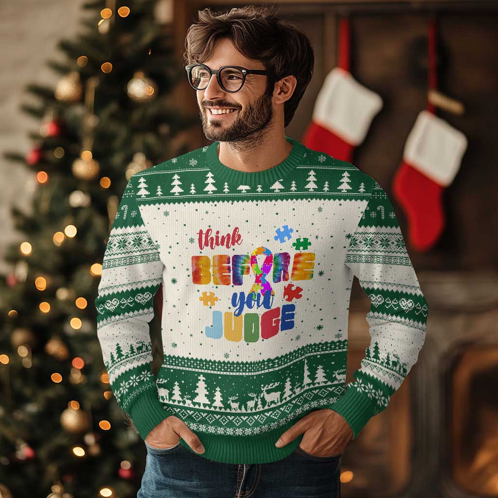 Autism Awareness Ugly Christmas Sweater Think Before You Judge Autistic Support TS02 Beige Green Print Your Wear