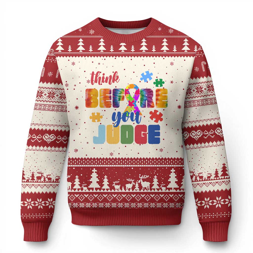 Autism Awareness Ugly Christmas Sweater Think Before You Judge Autistic Support TS02 Beige Red Print Your Wear