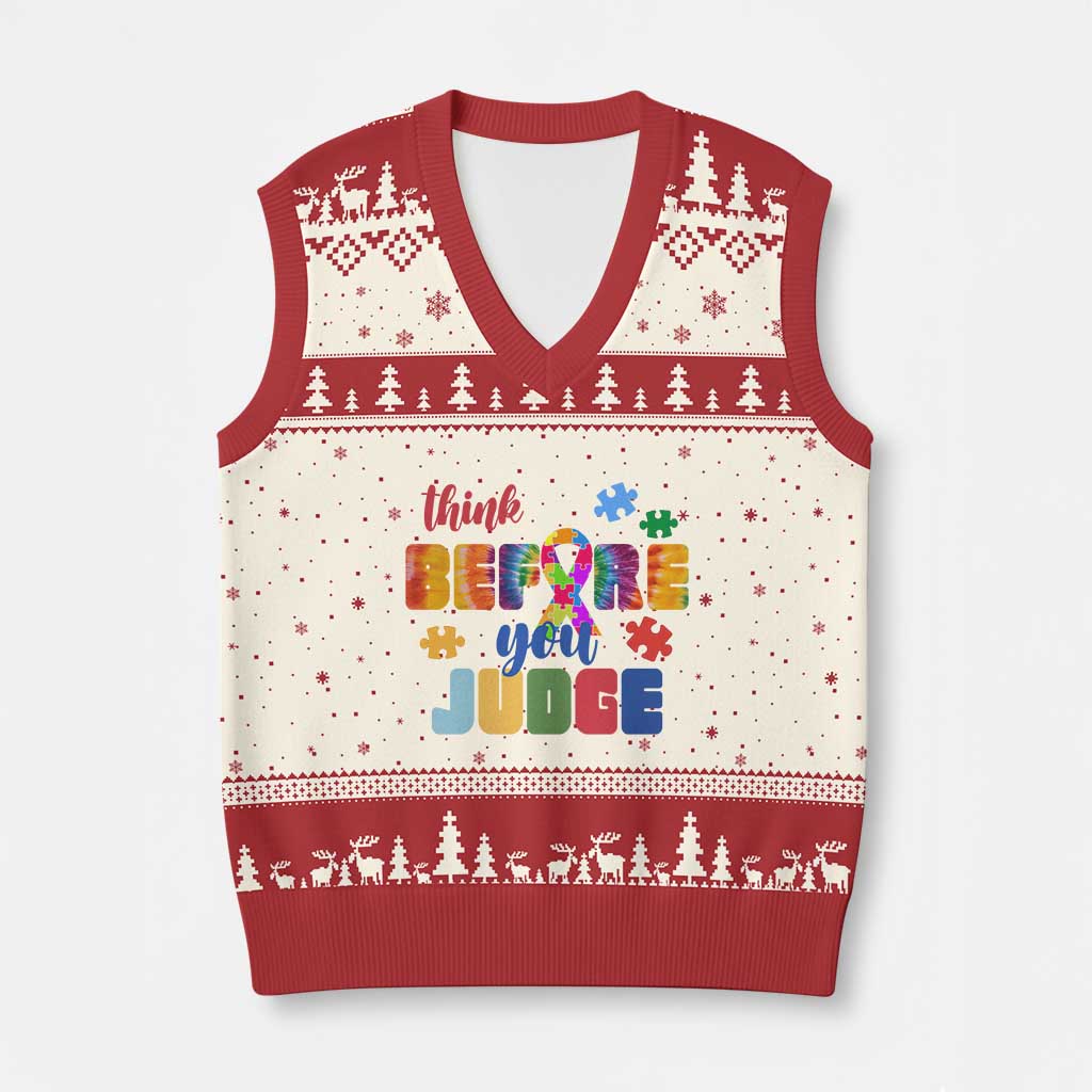 Autism Awareness V-Neck Knit Sweater Vest Think Before You Judge Autistic Support TS02 Beige Red Print Your Wear