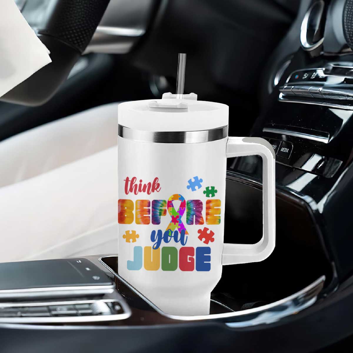 Autism Awareness Tumbler With Handle Think Before You Judge Autistic Support TS02 Print Your Wear