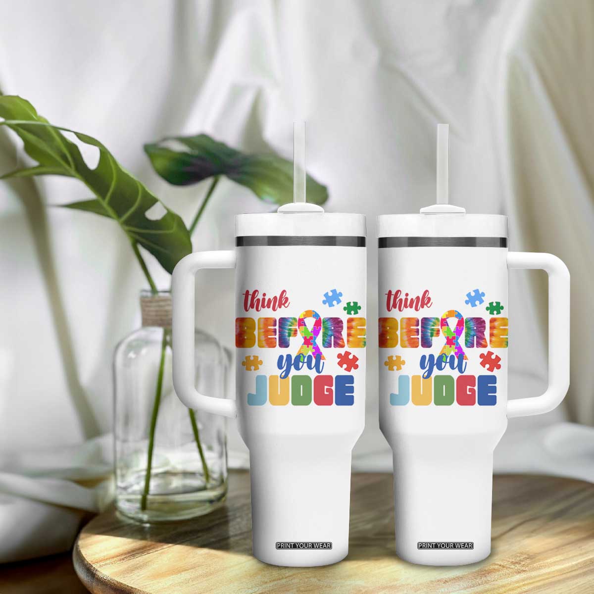 Autism Awareness Tumbler With Handle Think Before You Judge Autistic Support TS02 Print Your Wear