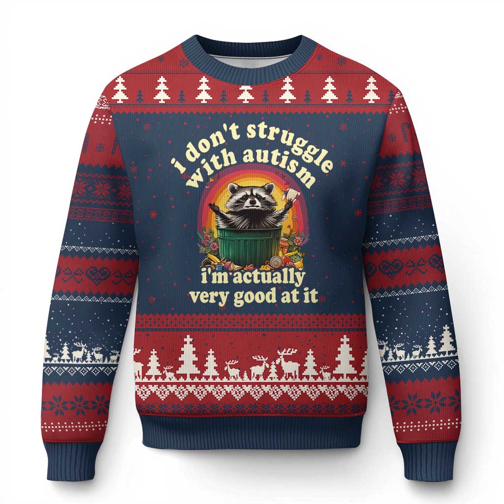 Funny Autistic Raccoon Meme Ugly Christmas Sweater I Don't Struggle With Autism TS02 Navy Red Print Your Wear