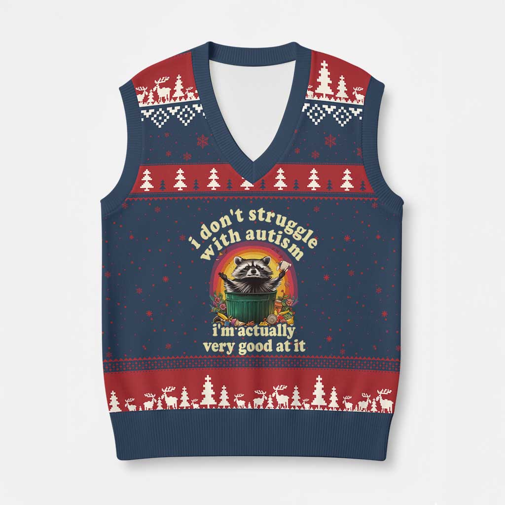 Funny Autistic Raccoon Meme V-Neck Knit Sweater Vest I Don't Struggle With Autism TS02 Navy Red Print Your Wear