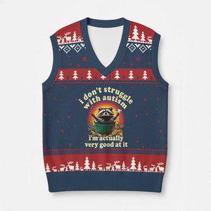 Funny Autistic Raccoon Meme V-Neck Knit Sweater Vest I Don't Struggle With Autism TS02 Navy Red Print Your Wear