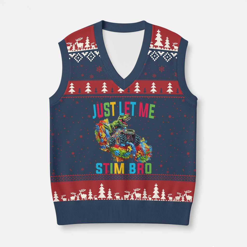 Autistic Dino Rex Driving Monster Truck V-Neck Knit Sweater Vest Autism Is My Superpower TS02 Navy Red Print Your Wear