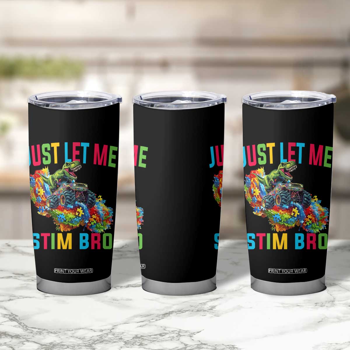 Autistic Dino Rex Driving Monster Truck Tumbler Cup Autism Is My Superpower TS02 Print Your Wear