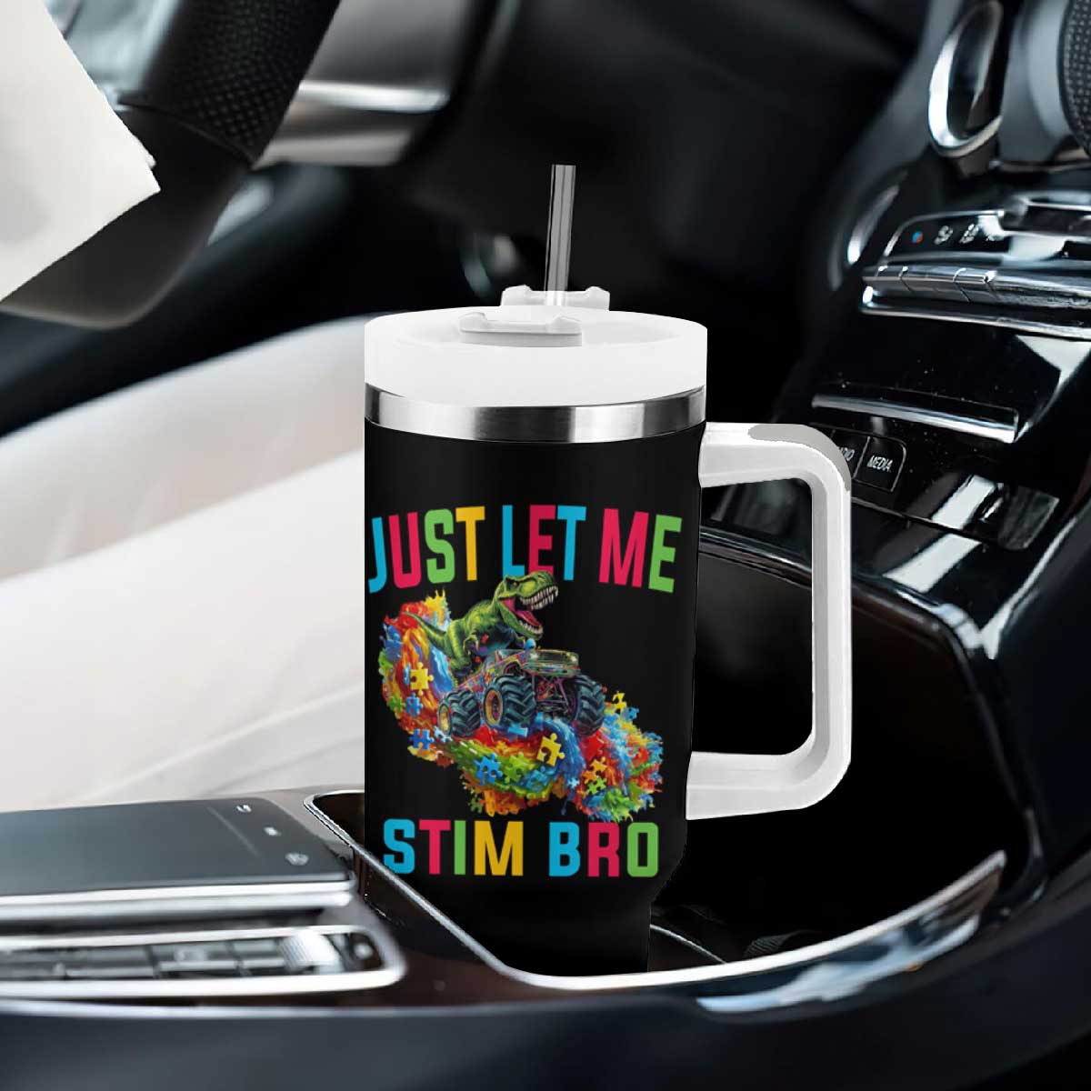 Autistic Dino Rex Driving Monster Truck Tumbler With Handle Autism Is My Superpower TS02 Print Your Wear