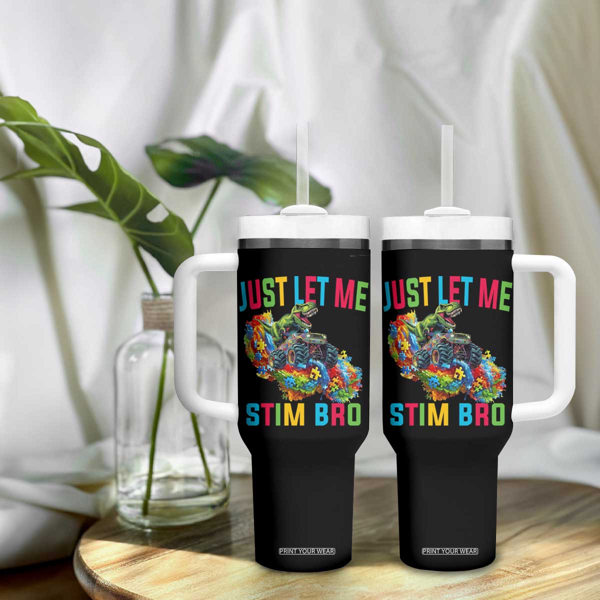 Autistic Dino Rex Driving Monster Truck Tumbler With Handle Autism Is My Superpower TS02 Print Your Wear