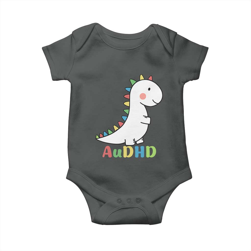 Cute Dinosaur AuDHD Baby Onesie ADHD Awareness TS02 Dark Heather Print Your Wear