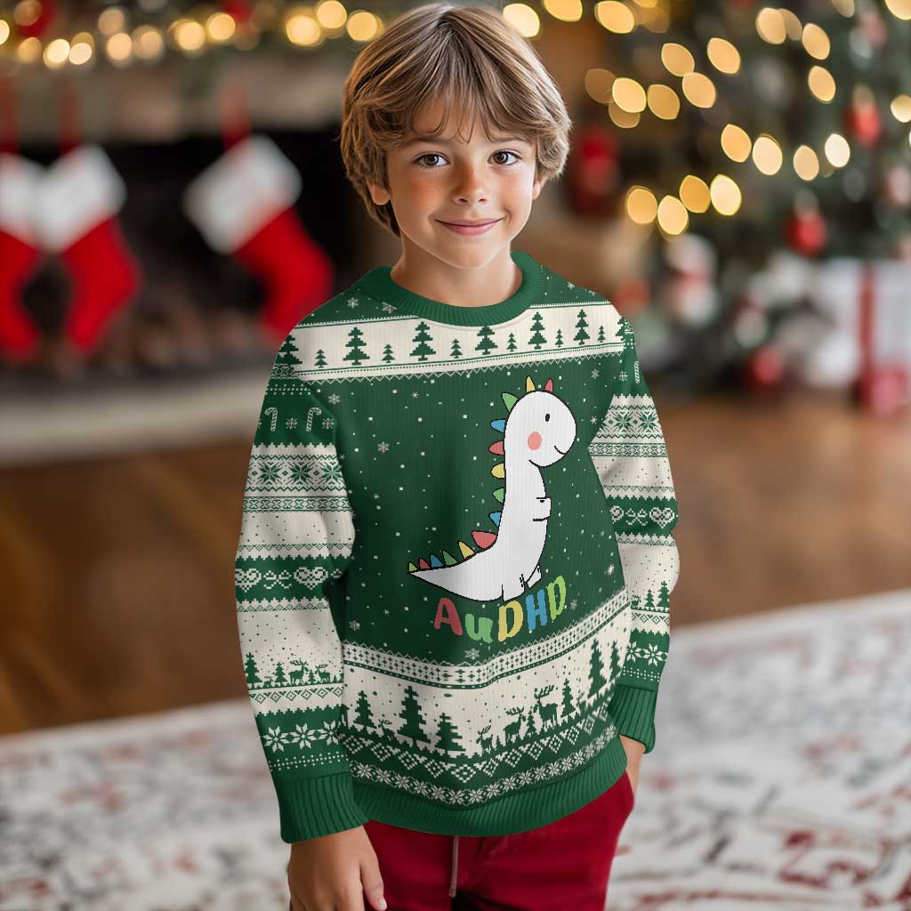 Cute Dinosaur AuDHD Ugly Christmas Sweater ADHD Awareness TS02 Forest Green Beige Print Your Wear