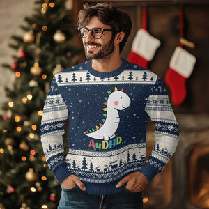 Cute Dinosaur AuDHD Ugly Christmas Sweater ADHD Awareness TS02 Navy Beige Print Your Wear