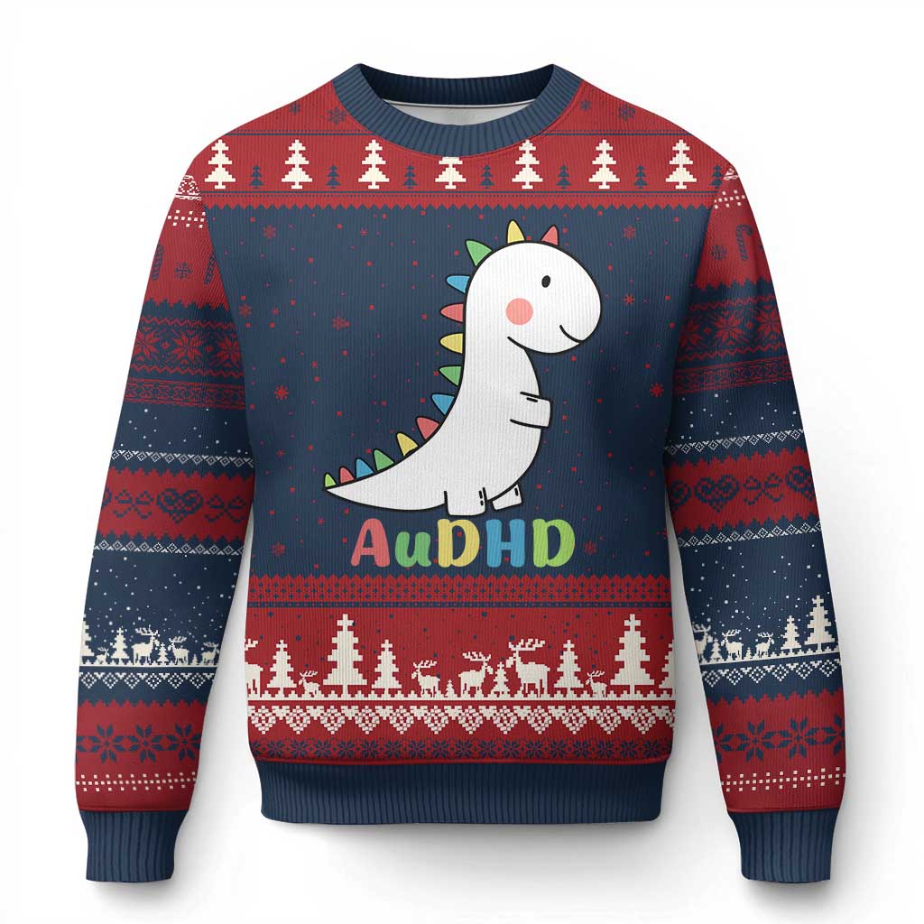Cute Dinosaur AuDHD Ugly Christmas Sweater ADHD Awareness TS02 Navy Red Print Your Wear