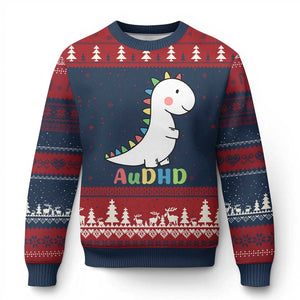 Cute Dinosaur AuDHD Ugly Christmas Sweater ADHD Awareness TS02 Navy Red Print Your Wear