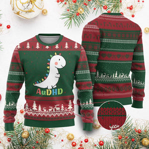 Cute Dinosaur AuDHD Ugly Christmas Sweater ADHD Awareness TS02 Red Green Print Your Wear