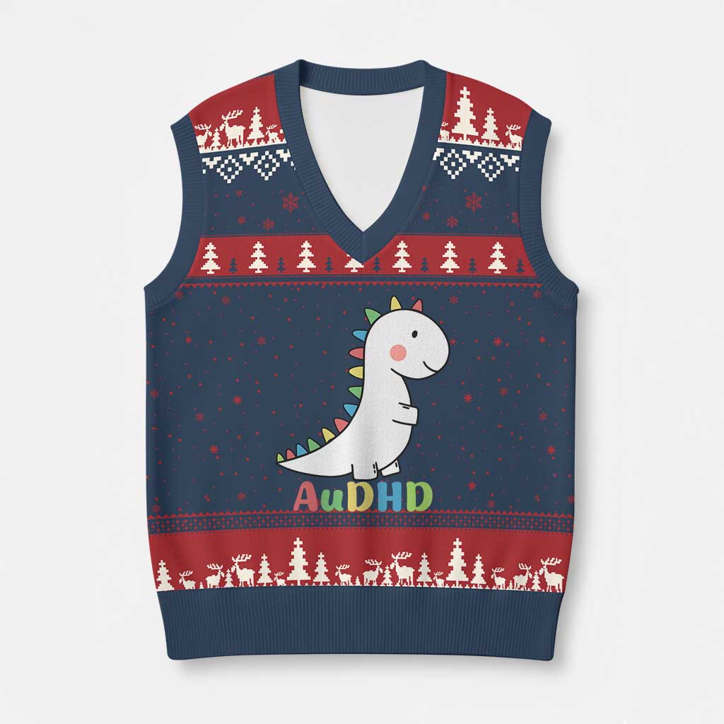Cute Dinosaur AuDHD V-Neck Knit Sweater Vest ADHD Awareness TS02 Navy Red Print Your Wear