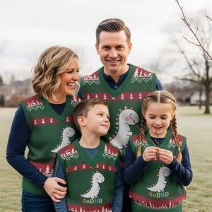 Cute Dinosaur AuDHD V-Neck Knit Sweater Vest ADHD Awareness TS02 Red Green Print Your Wear