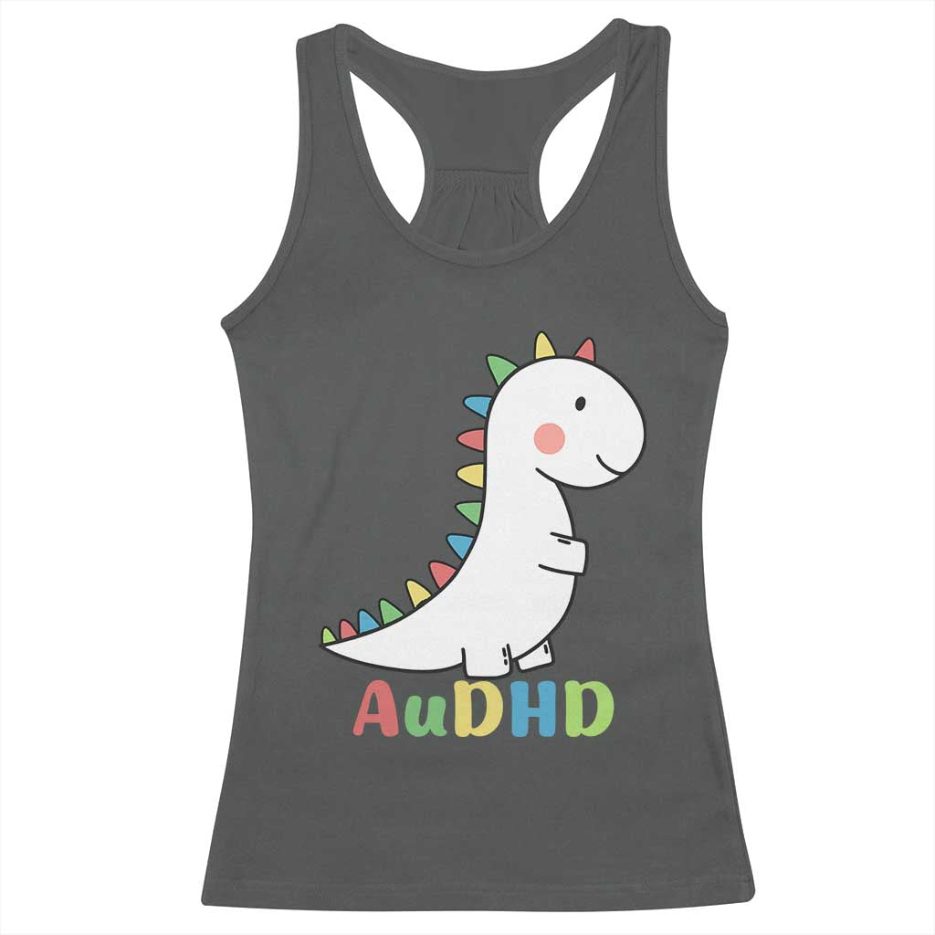 Cute Dinosaur AuDHD Racerback Tank Top ADHD Awareness TS02 Dark Heather Print Your Wear