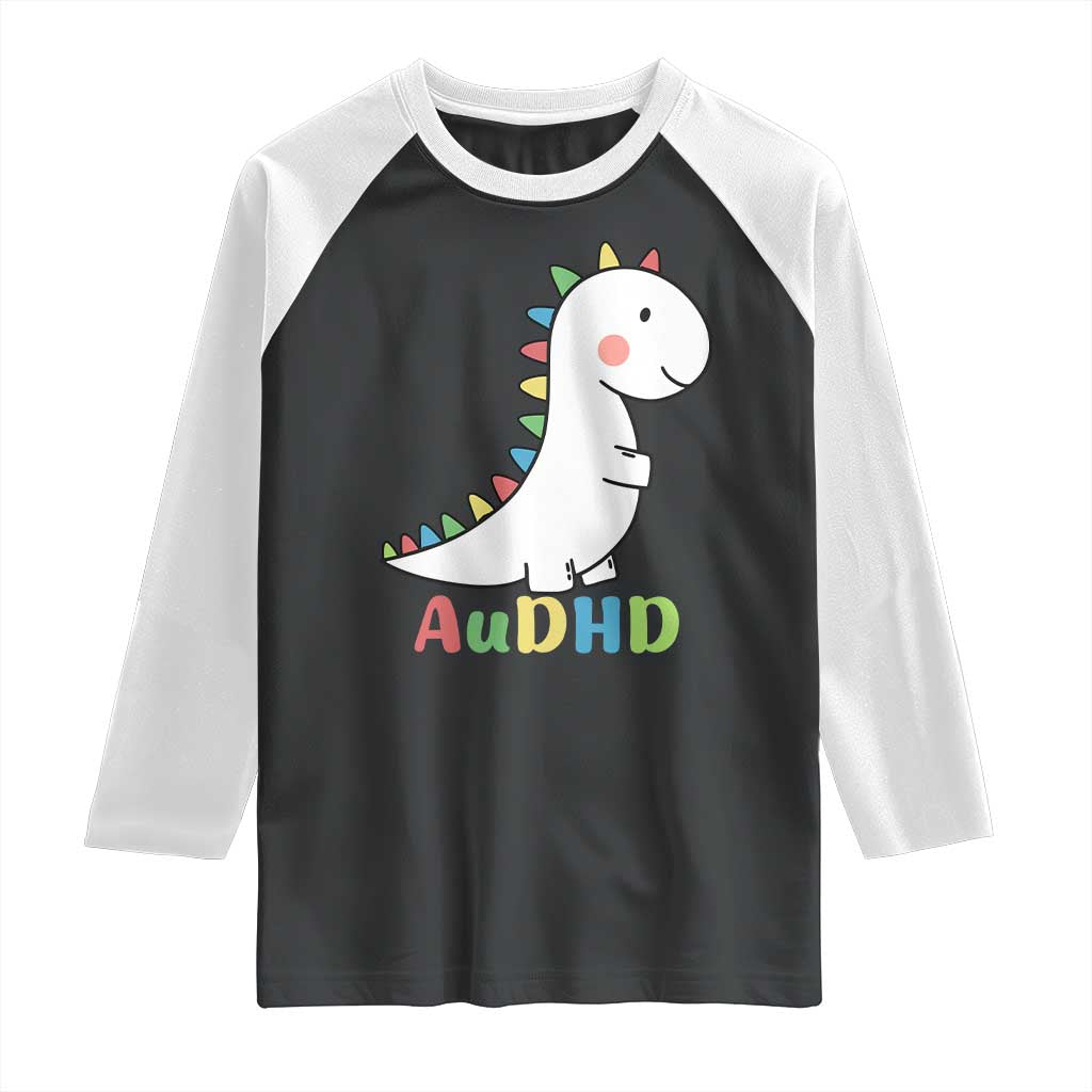 Cute Dinosaur AuDHD Raglan Shirt ADHD Awareness TS02 Black White Print Your Wear