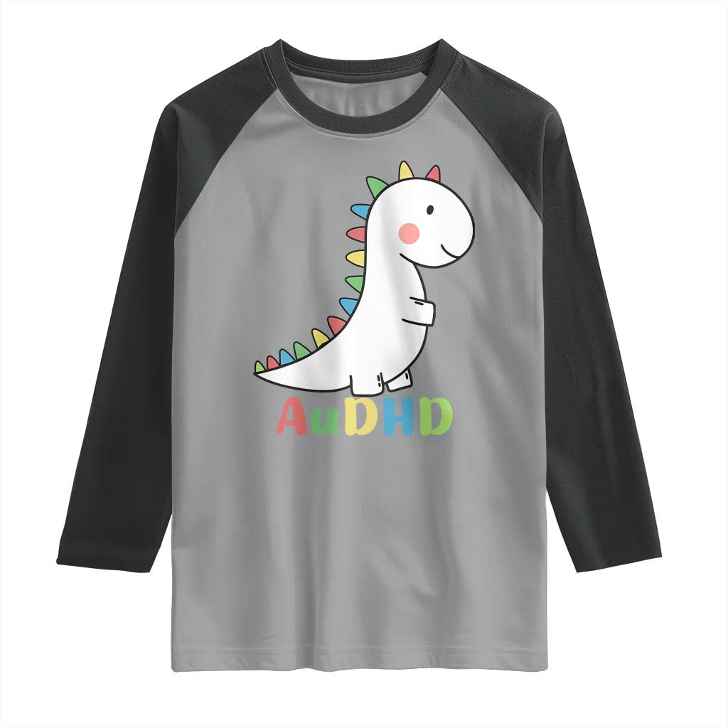 Cute Dinosaur AuDHD Raglan Shirt ADHD Awareness TS02 Sport Gray Black Print Your Wear
