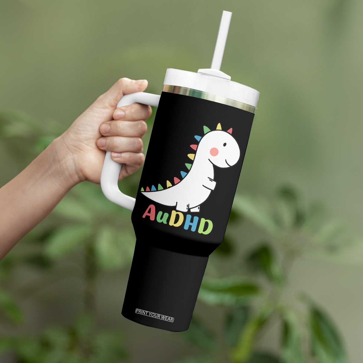 Cute Dinosaur AuDHD Tumbler With Handle ADHD Awareness TS02 Print Your Wear