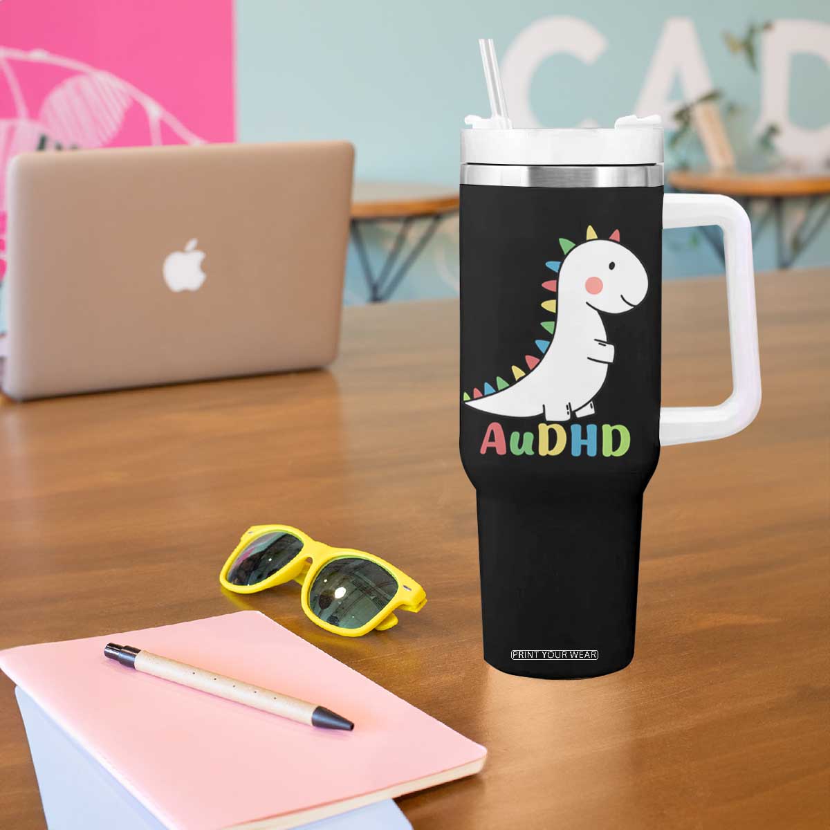 Cute Dinosaur AuDHD Tumbler With Handle ADHD Awareness TS02 Print Your Wear