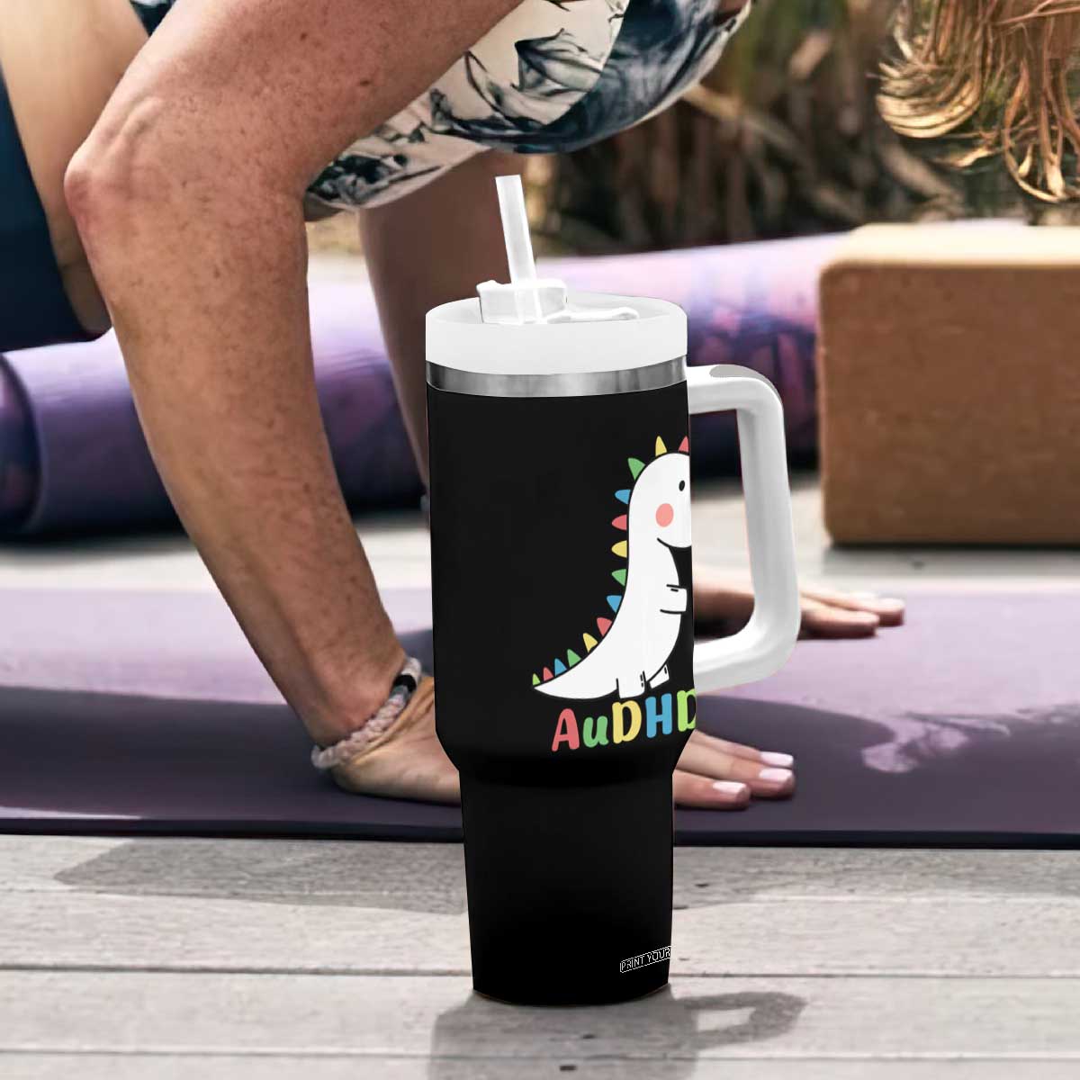 Cute Dinosaur AuDHD Tumbler With Handle ADHD Awareness TS02 Print Your Wear