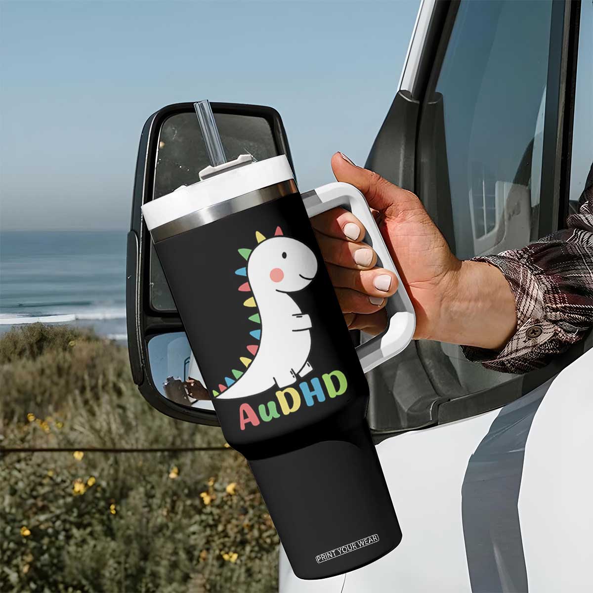 Cute Dinosaur AuDHD Tumbler With Handle ADHD Awareness TS02 Print Your Wear