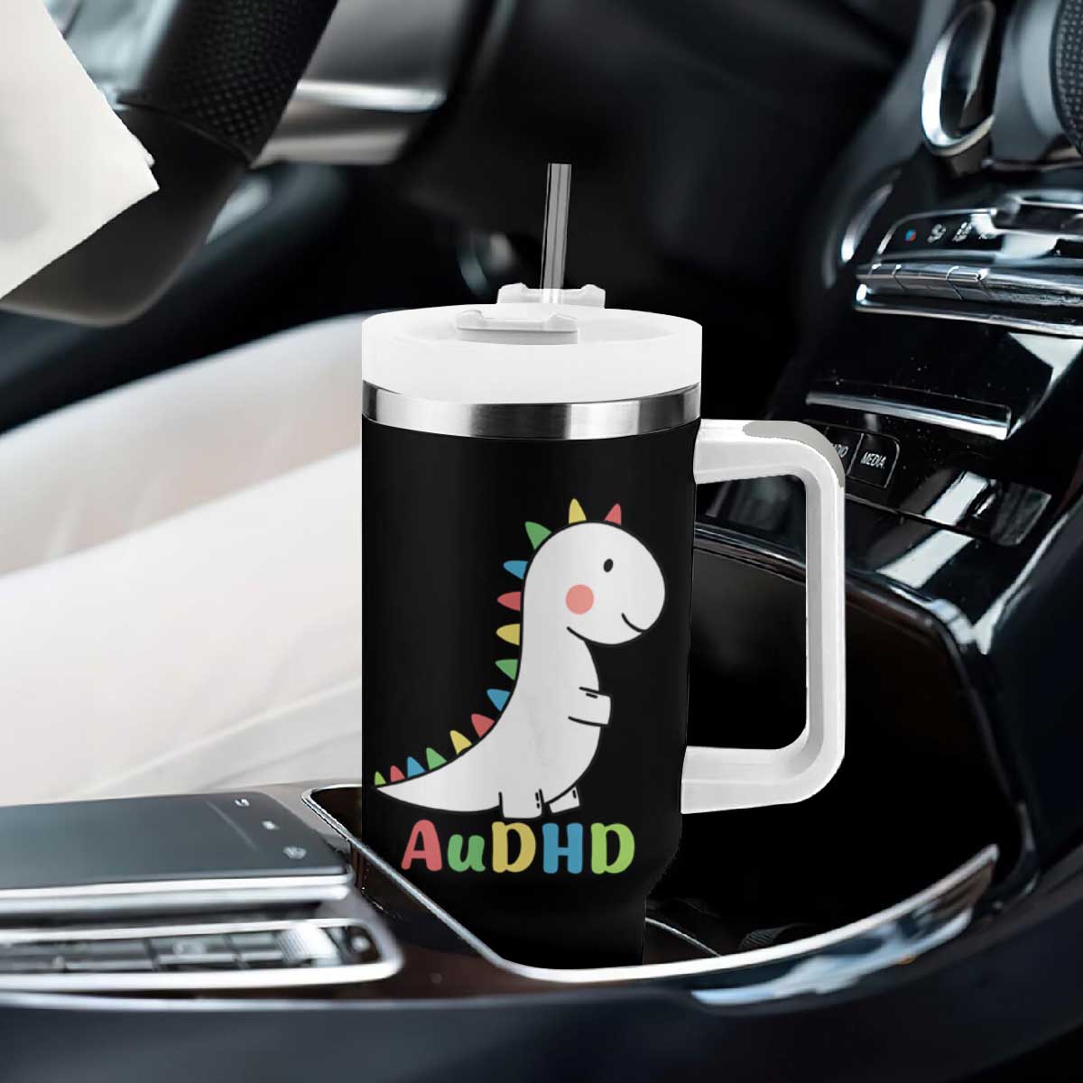 Cute Dinosaur AuDHD Tumbler With Handle ADHD Awareness TS02 Print Your Wear