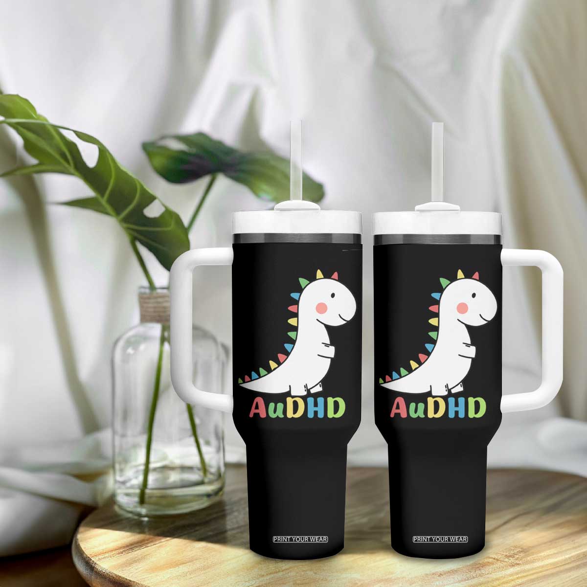 Cute Dinosaur AuDHD Tumbler With Handle ADHD Awareness TS02 Print Your Wear