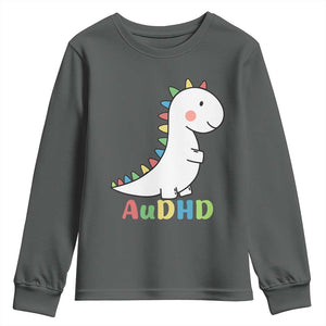 Cute Dinosaur AuDHD Youth Sweatshirt ADHD Awareness TS02 Dark Heather Print Your Wear