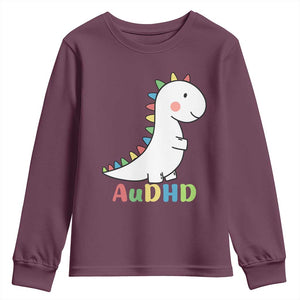 Cute Dinosaur AuDHD Youth Sweatshirt ADHD Awareness TS02 Maroon Print Your Wear