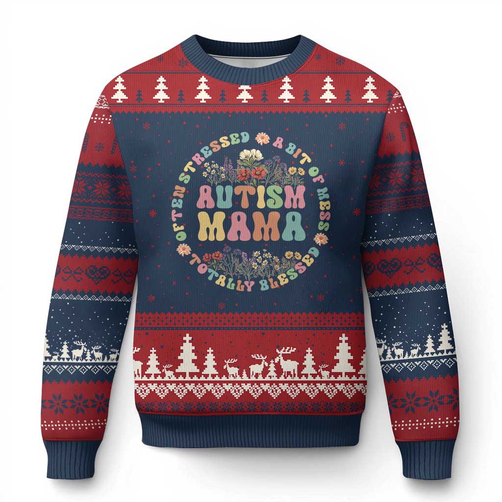 Autism Mama Ugly Christmas Sweater Totally Blessed Often Stressed A Bit Of A Mess TS02 Navy Red Print Your Wear